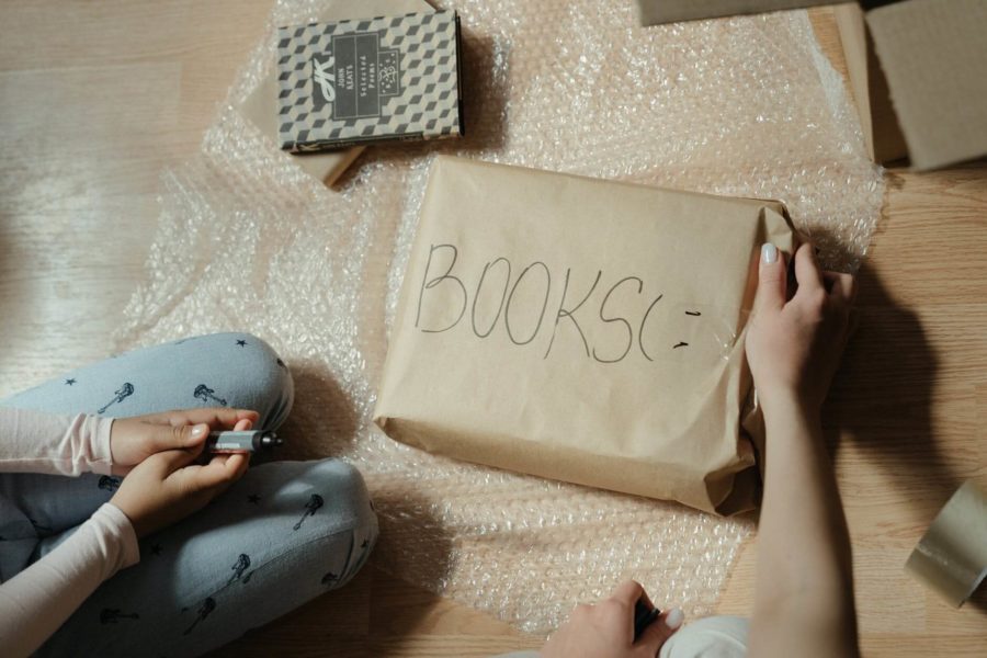 A paper bag with books