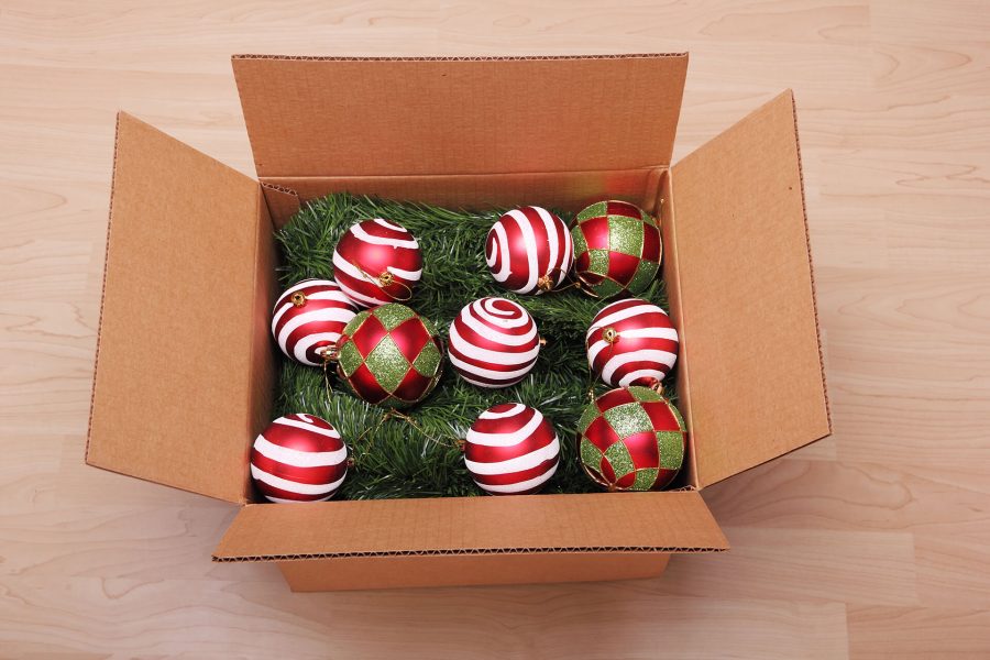 Baubles in a box with tinsel 