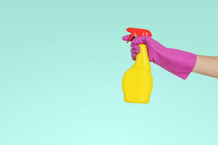 A person holding out a cleaning spray with a pink glove