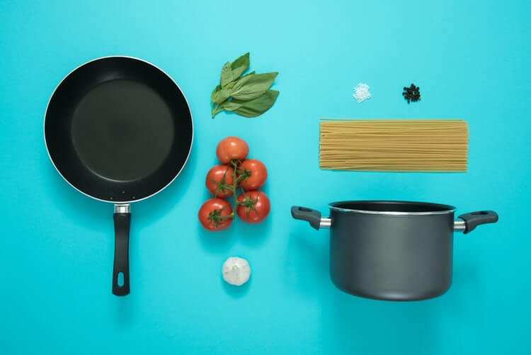pot, pan, and food