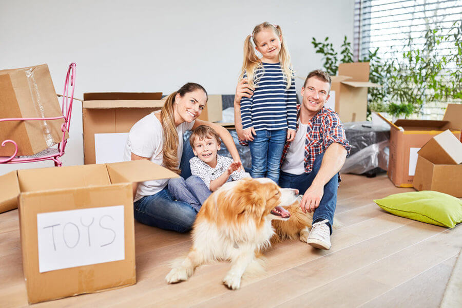 family with a dog, surrounded by boxes and plants, preparing for moving cross-country