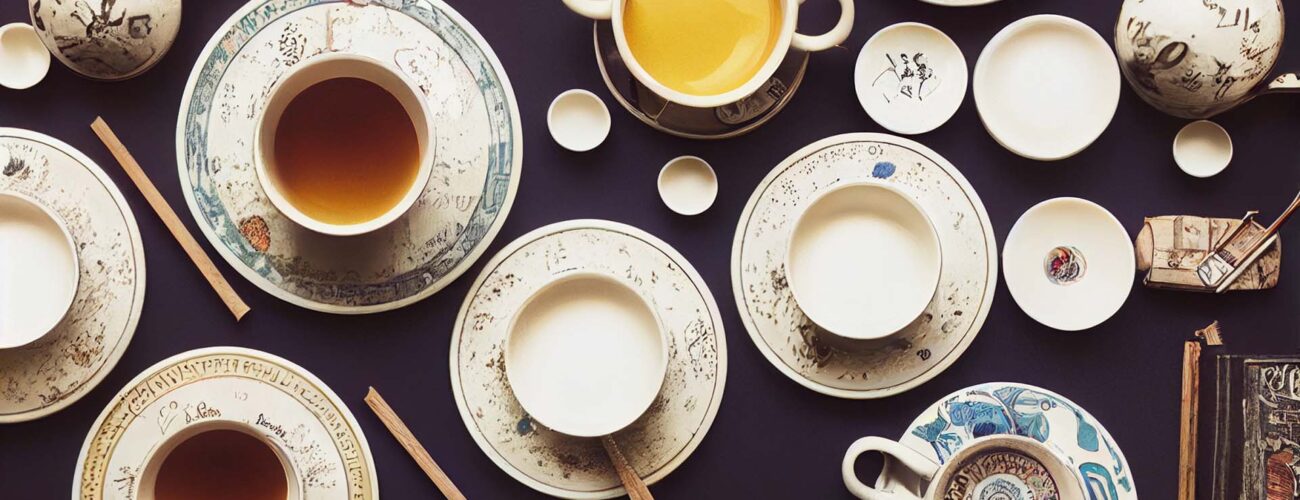 Top down view of a collection of vintage tea cups with tea. Black table background flatlay.