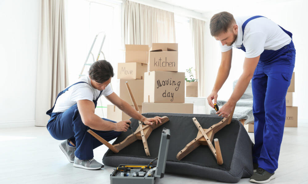 Long-distance movers unpacking furniture