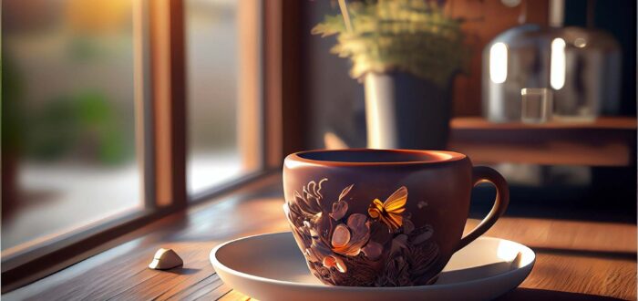 Generated AI morning with coffee cup or tea in bright light