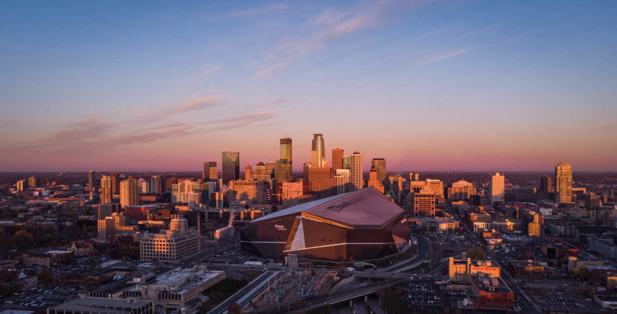 aerial view of Minneapolis and the Minnesota Vikings' stadium
