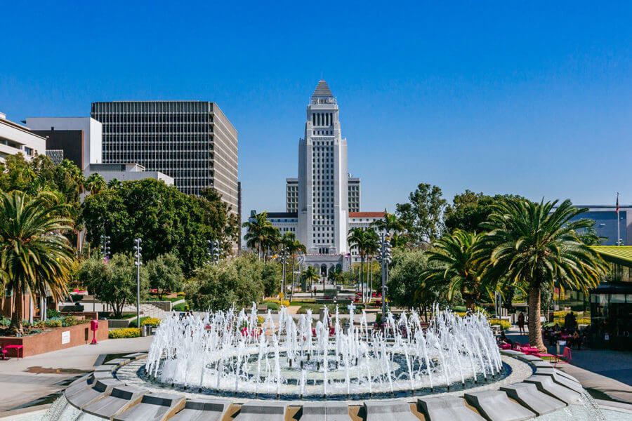 a view of the Grand Park and fountain in Los Angeles
