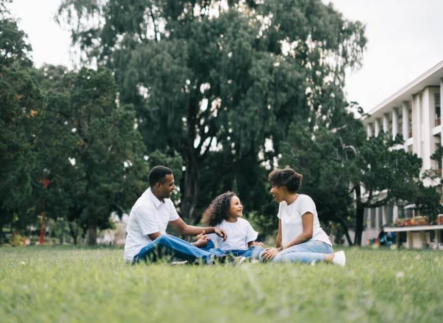 Family sitting on the grass in the park