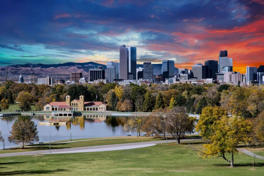 A view of Denver over a lake
