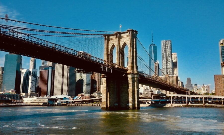 View of the Brooklyn Bridge with Manhattan skyline.