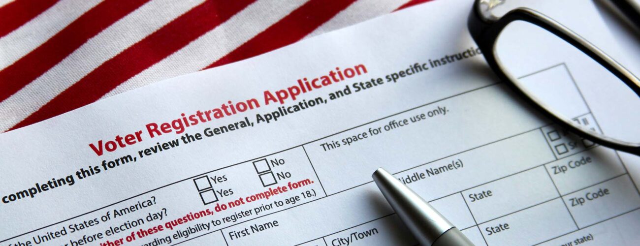 Voter registration form with flag of United States of America