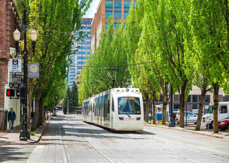 A train on the streets of Portland after long-distance moving