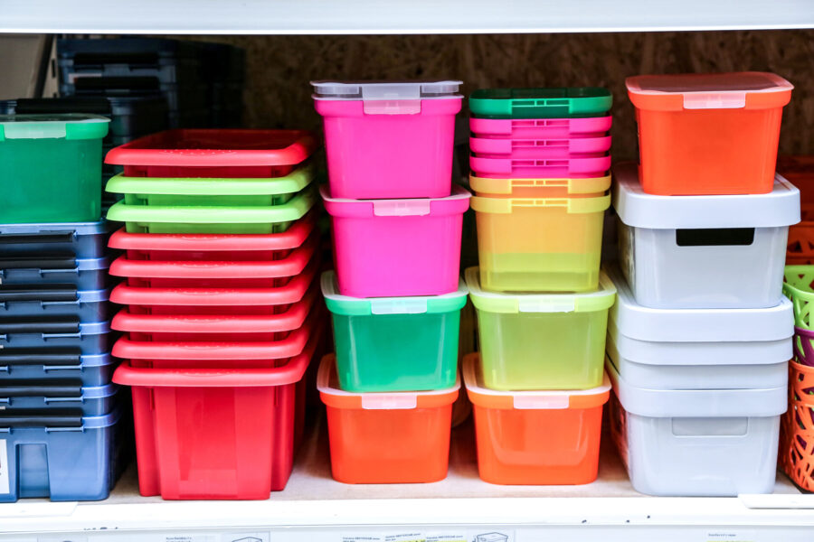 Stacked plastic containers and boxes