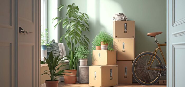 Moving Boxes, Plants, Bike in Empty Room