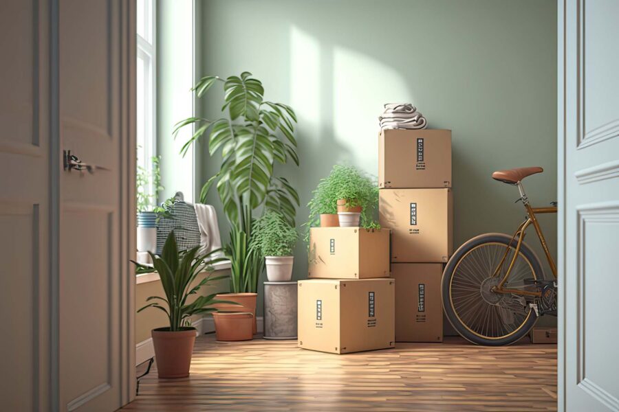 Moving boxes, plants, and a bike in an empty room