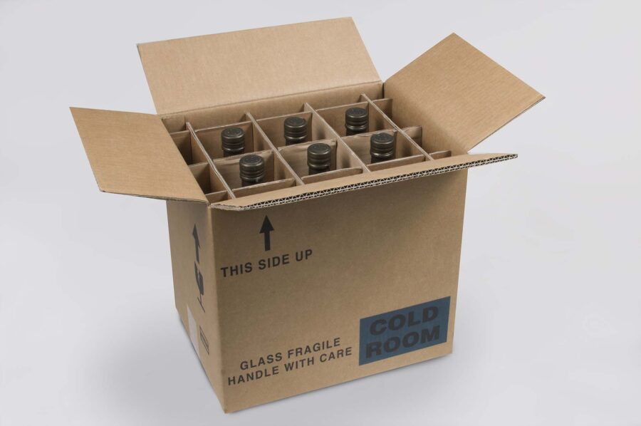 Crates with divider filled with bottles