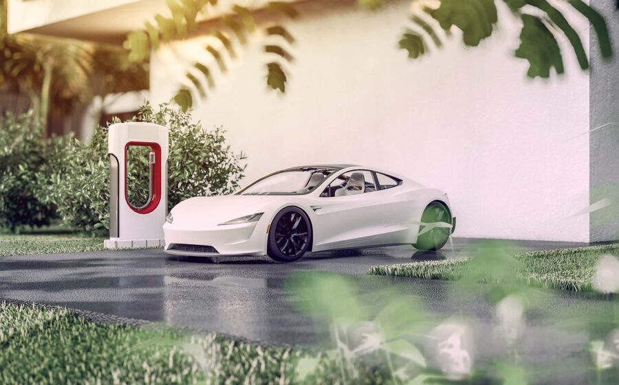 A white parked Tesla 