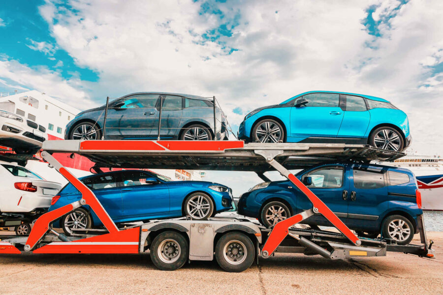 Cars loaded on an open trailer