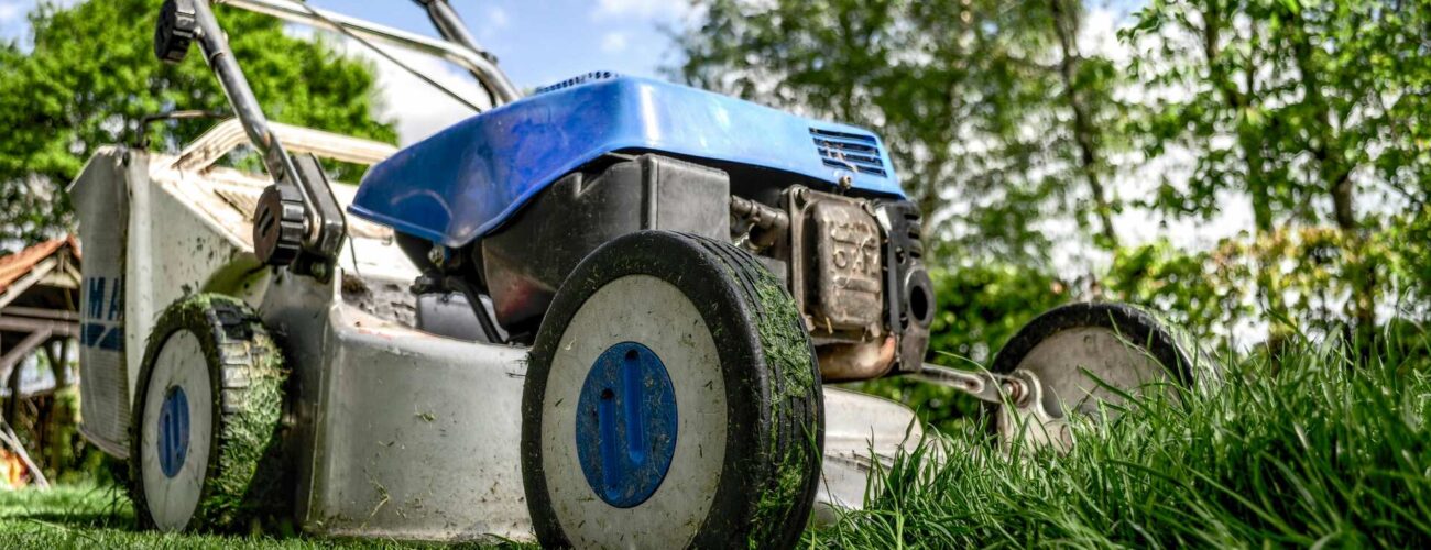 Blue lawn mower after cross-country moving