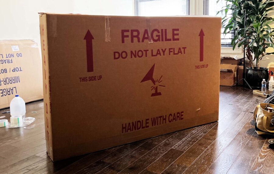 Flat crate that says 