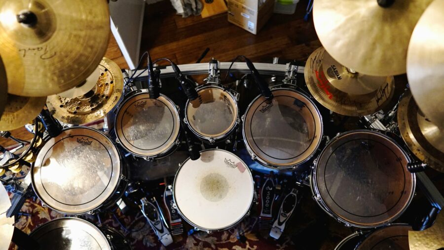 Top view of large drum set