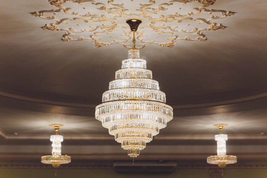 A crystal chandelier on the ceiling