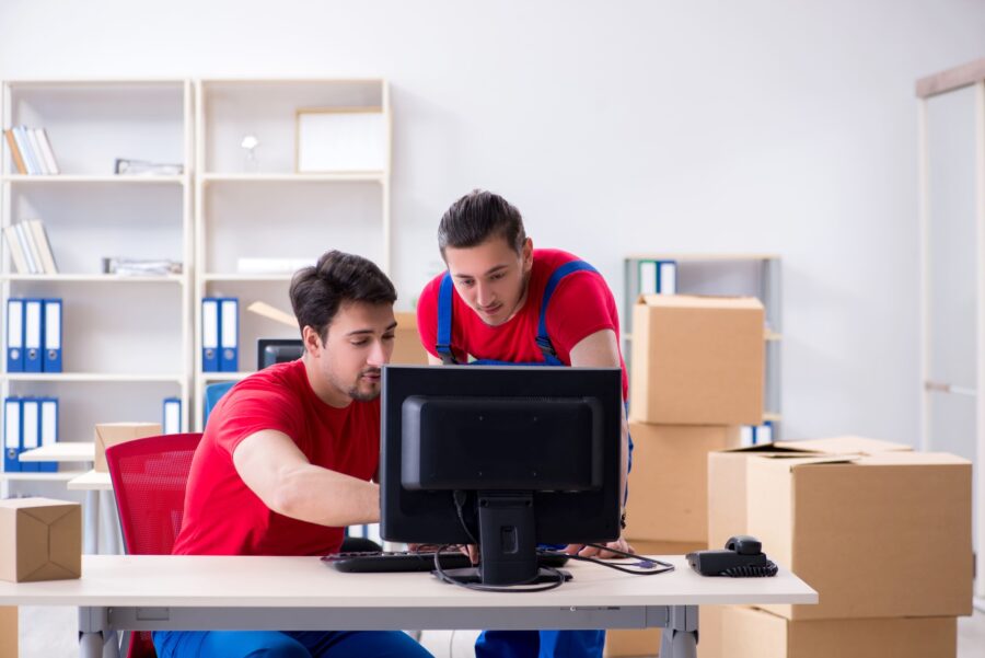Professional movers managing a move in a high-rise building