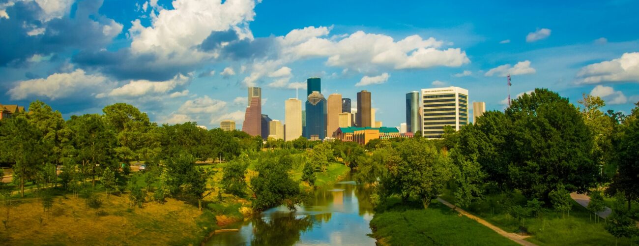 Green trees and calm water under a blue sky in Houston.