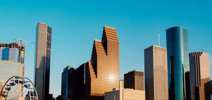 White and blue modern high-rise building architecture.