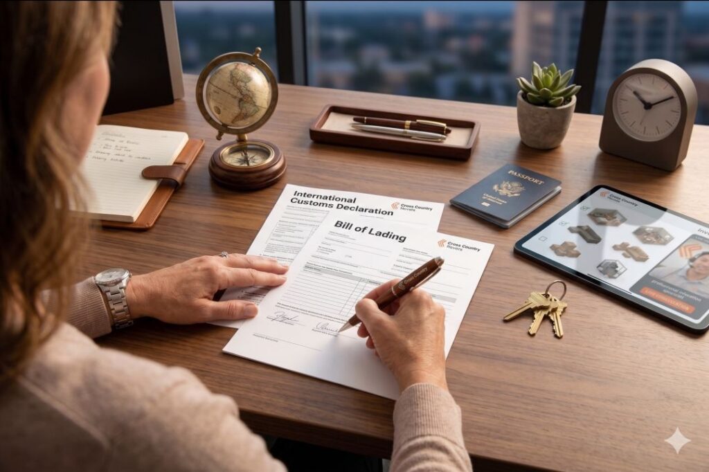 A first-person, organized desk view showing a pair of hands holding a pen, signing neat, official relocation documents labeled International Customs Declaration and Bill of Lading.