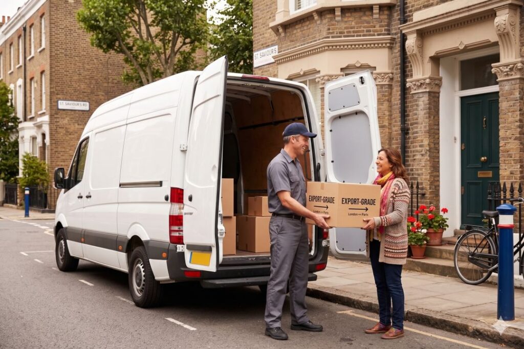 A white delivery van with open back doors parked outside a charming European town house (e.g., a London brick townhome).