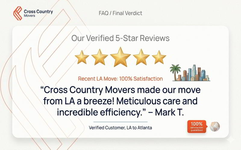 A clean, designed graphic showing a 5-star rating and a short positive customer quote about a cross country move from LA. Can be a designed asset, not a real screenshot.