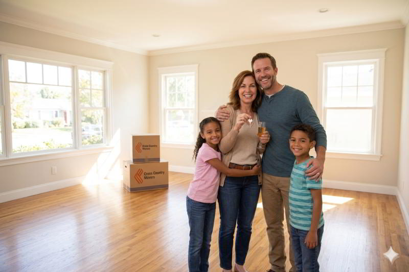 A couple or small family smiling in an empty living room, with a few boxes stacked behind them. Represents the positive outcome of a successful move.