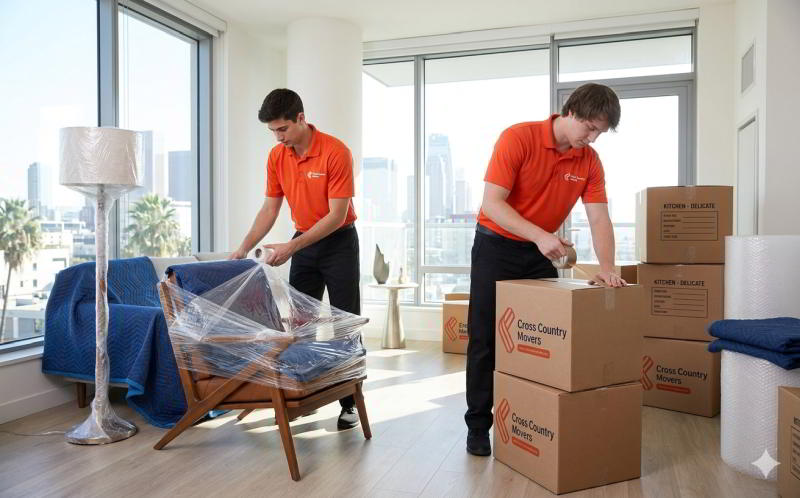 Two professional movers in branded uniforms carefully wrapping furniture or filling boxes inside a modern apartment. Shows professionalism and care.