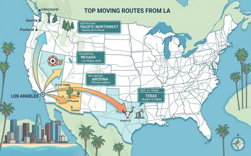 Simple illustrated US map with arrows from Los Angeles pointing to top destinations: Texas, Arizona, Nevada, Pacific Northwest. Clean, infographic style.