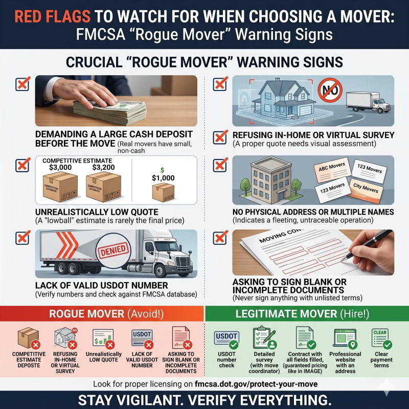 Visual checklist graphic 'Red Flags to Watch for When Choosing a Mover'
