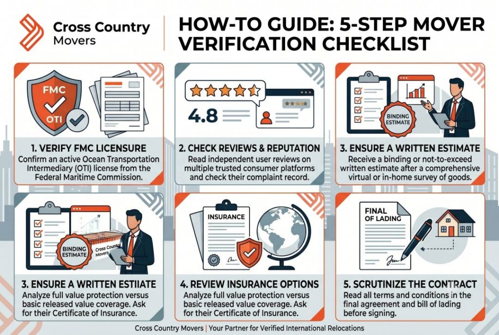 Five-step checklist graphic for verifying a licensed international moving company