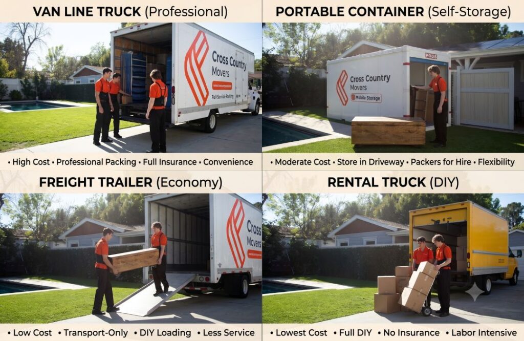 Comparison photo grid — van line truck, portable container, freight trailer, rental truck