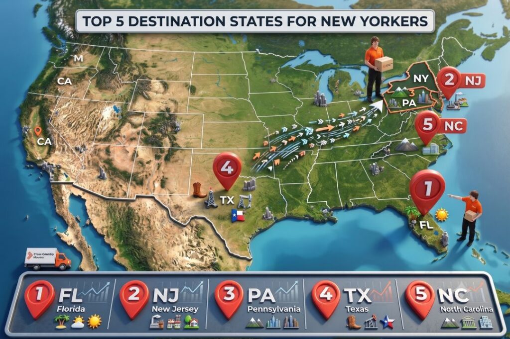 Map graphic — top 5 destination states for New Yorkers (FL, NJ, PA, TX, NC)