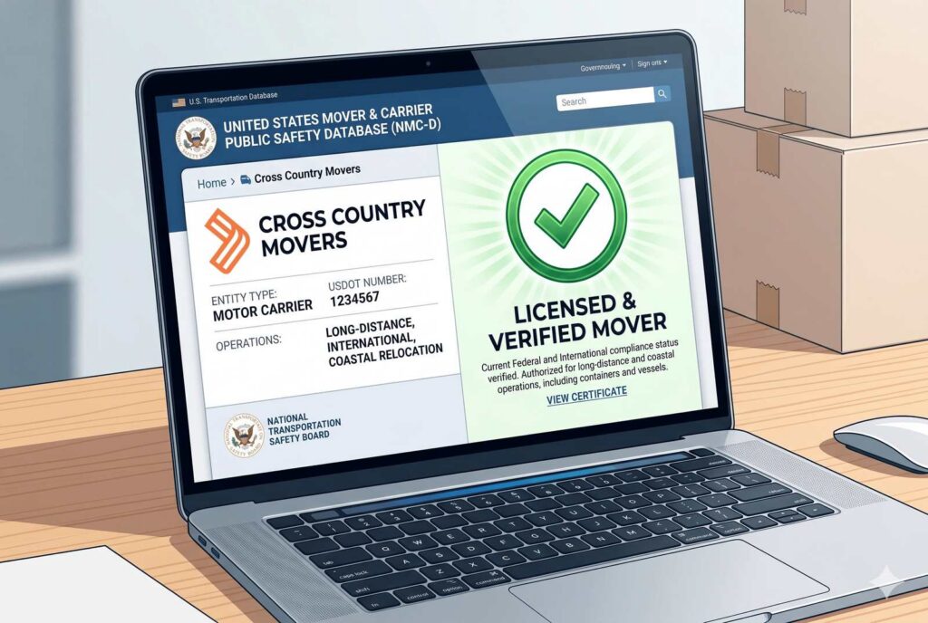 Cross Country Movers shown as a licensed and verified mover on the FMCSA database