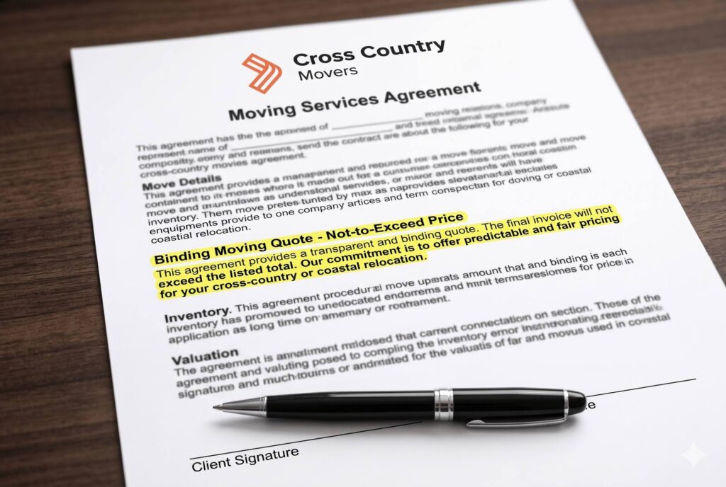 Signed Cross Country Movers moving services agreement with a binding quote