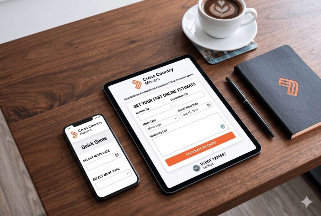 Online Cross Country Movers moving quote shown on a tablet and phone