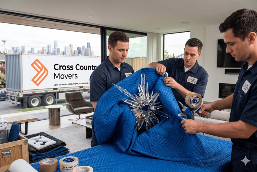 Cross Country Movers crew carefully packing and wrapping fragile items