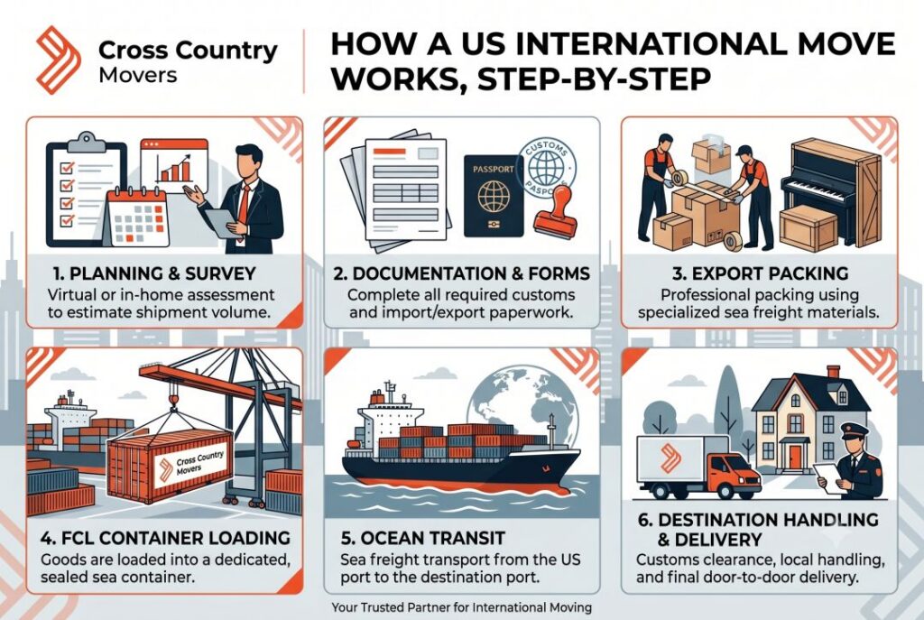 Full container load being loaded at a US port, showing how an international move works step by step