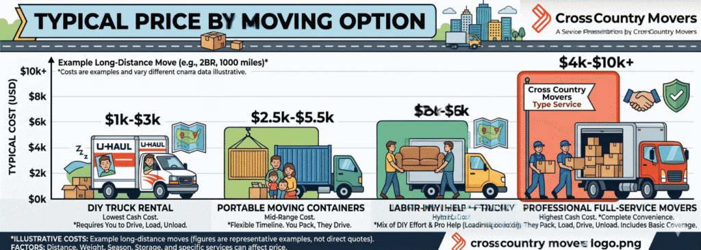 Moving cost comparison infographic showing typical price ranges for DIY truck rental, portable containers, labor-only help, and professional full-service movers