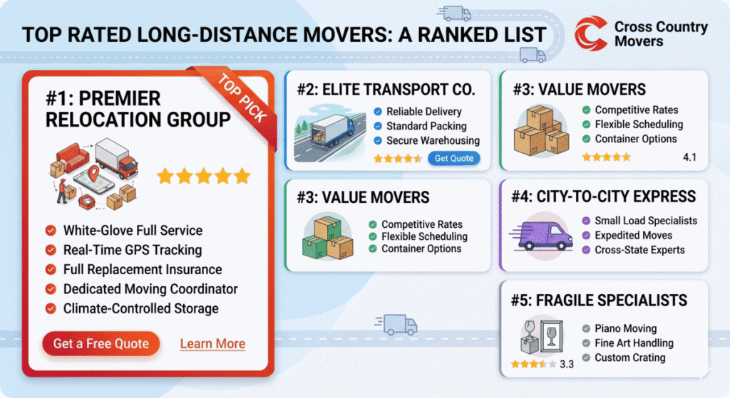 Ranked list infographic of top-rated long-distance moving companies with star ratings and key service features