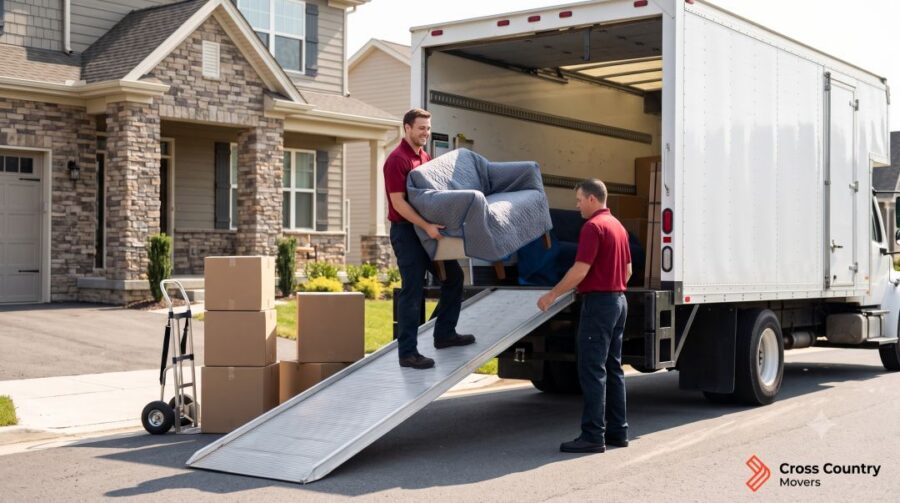 A two-person professional moving crew in red polo shirts loading a moving truck outside a suburban home.