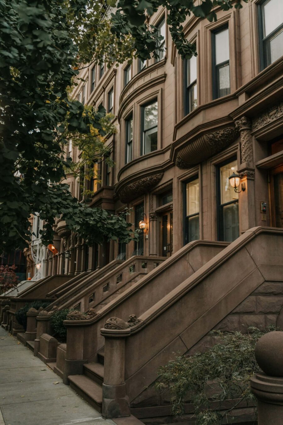 Green tree in front of a Manhattan brick apartment building.