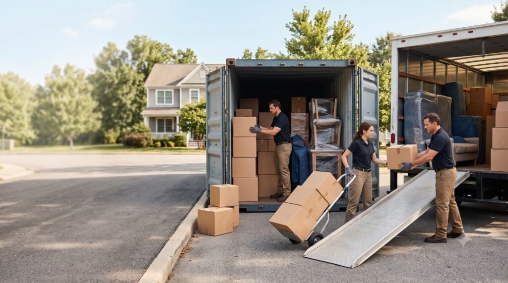 Professional movers loading household boxes into a steel shipping container for door-to-door international moving.