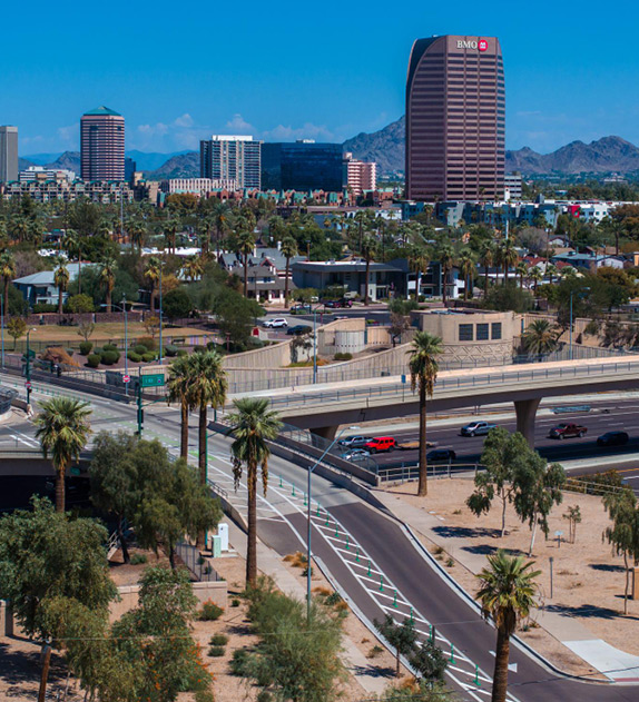 Panoramic view of the Phoenix, Arizona skyline framed by desert palm trees under a bright blue sky.