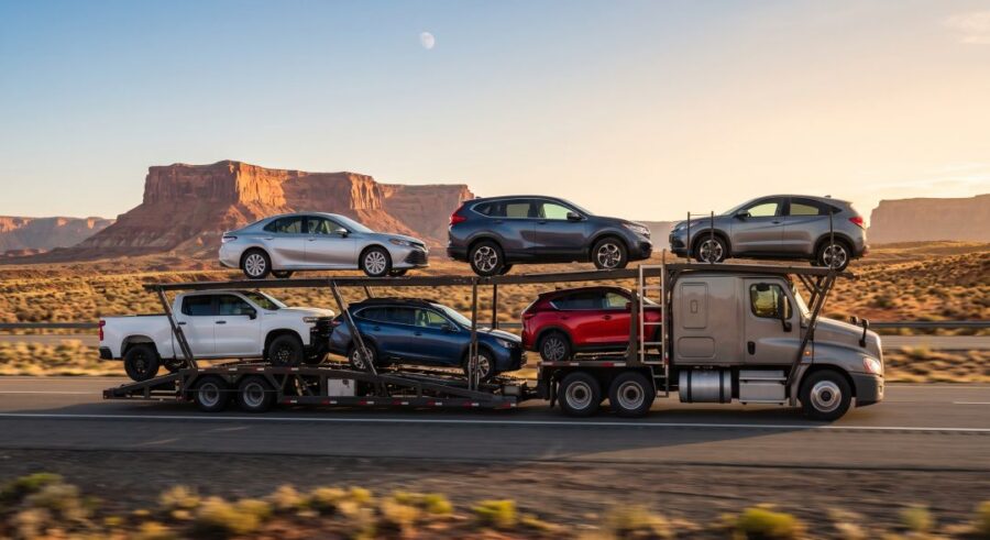 Large open-car transport truck carrying multiple vehicles down a highway.
